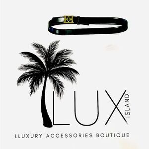 LUX ISLAND | ESCADA Black Leather Belt with Gold EE Logo Plate $200